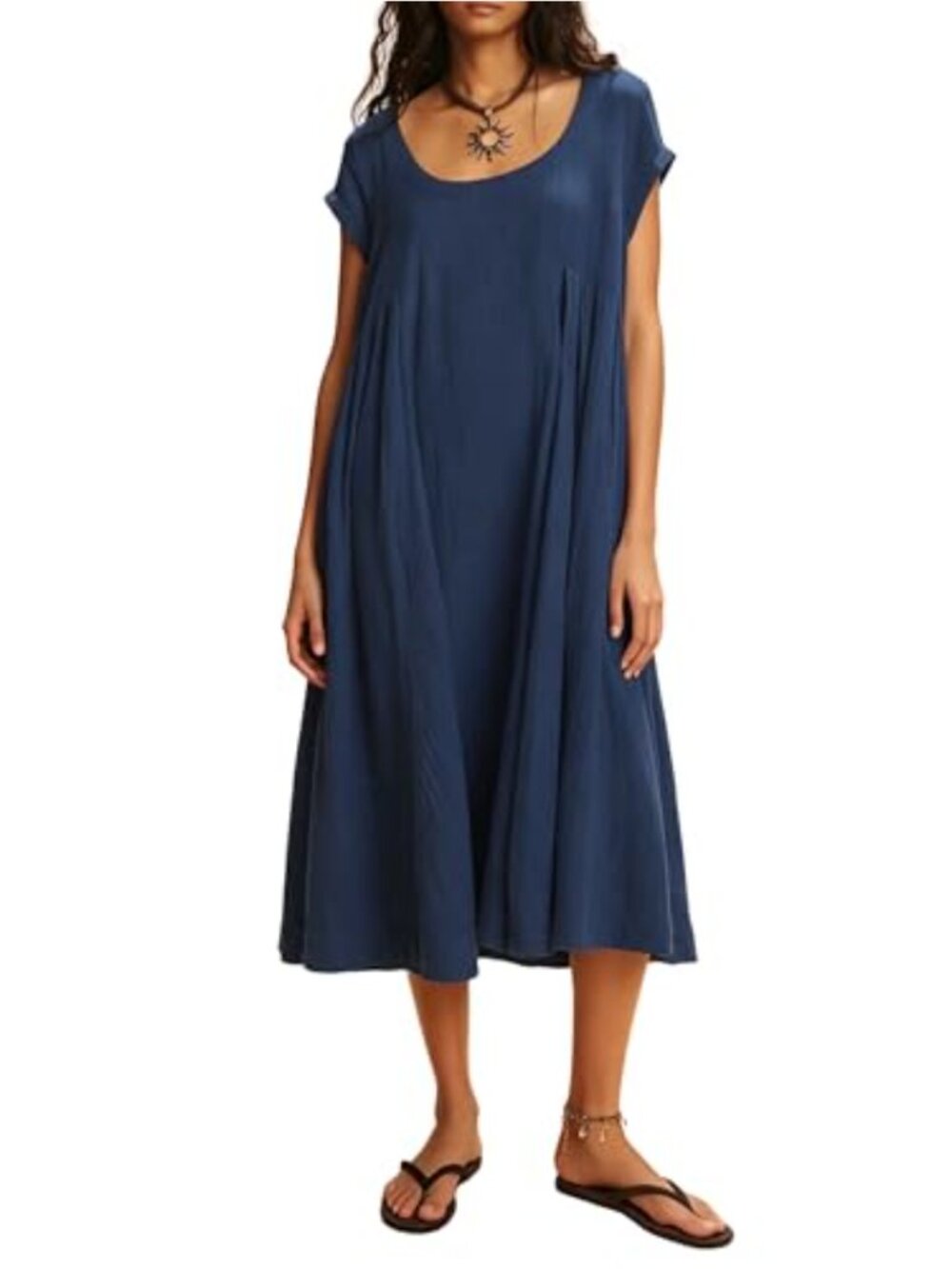 Women's 100% Cotton Midi Dress Short Sleeve Flowy Casual Beach Dress with